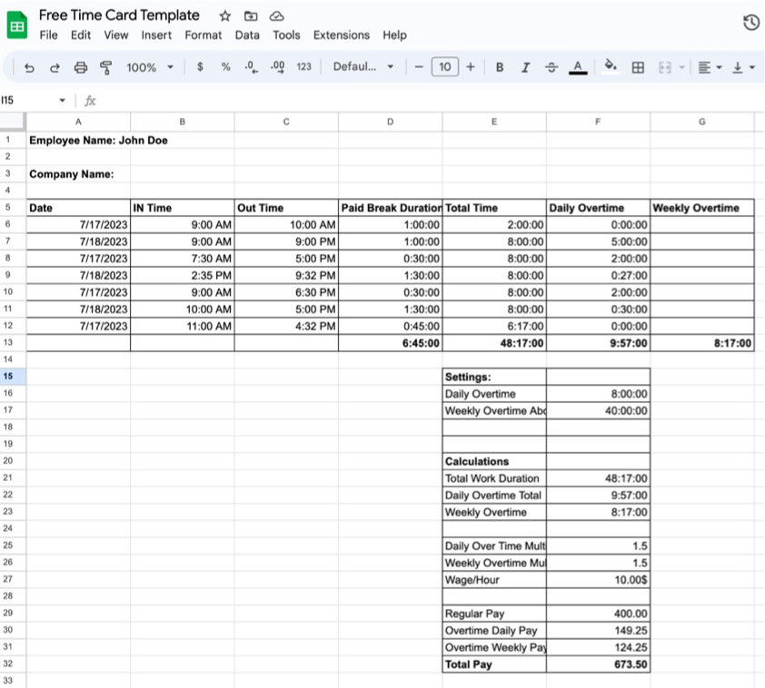 free time card calculator google sheets and microsoft excel