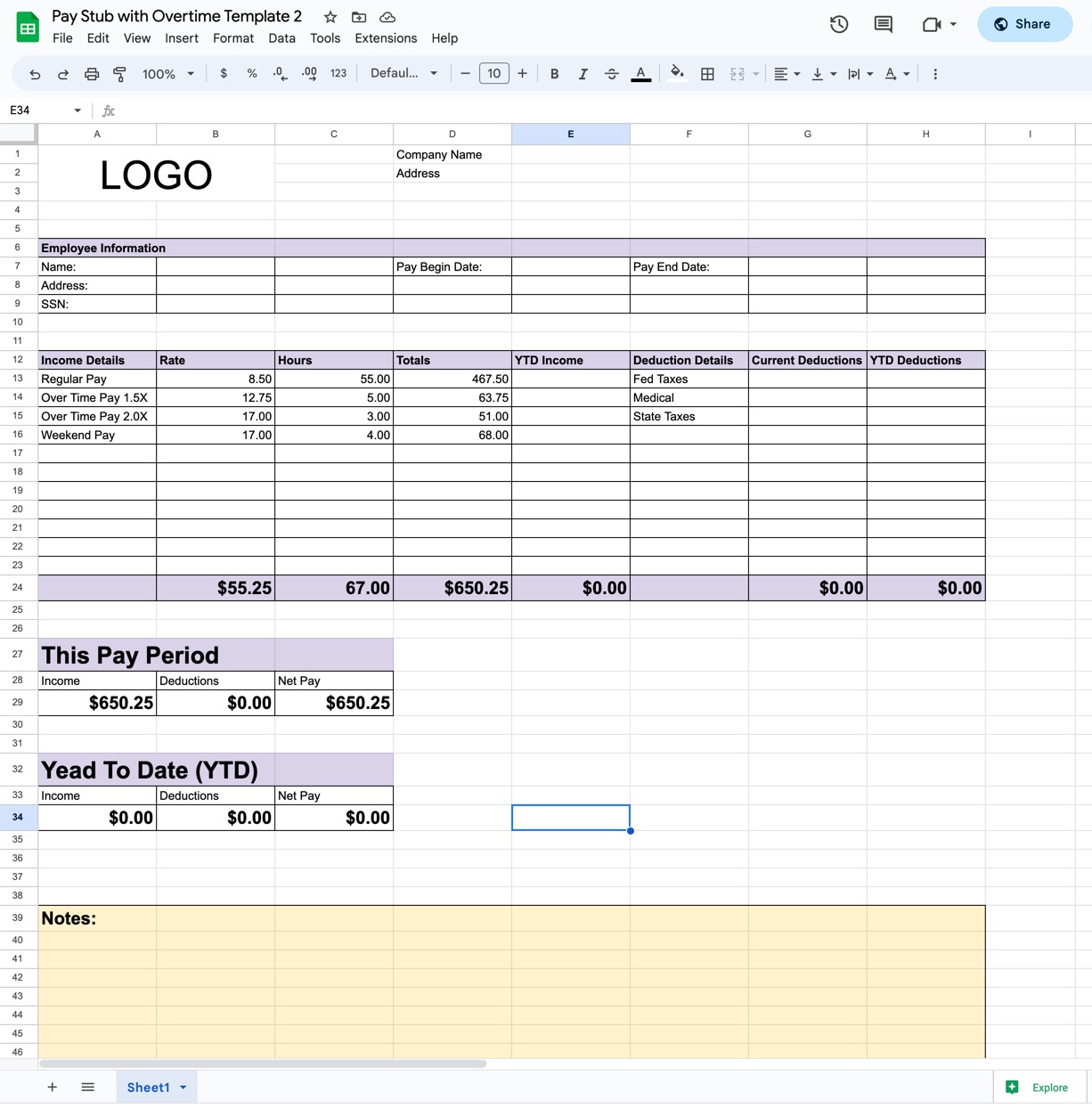 pay stub template with overtime
