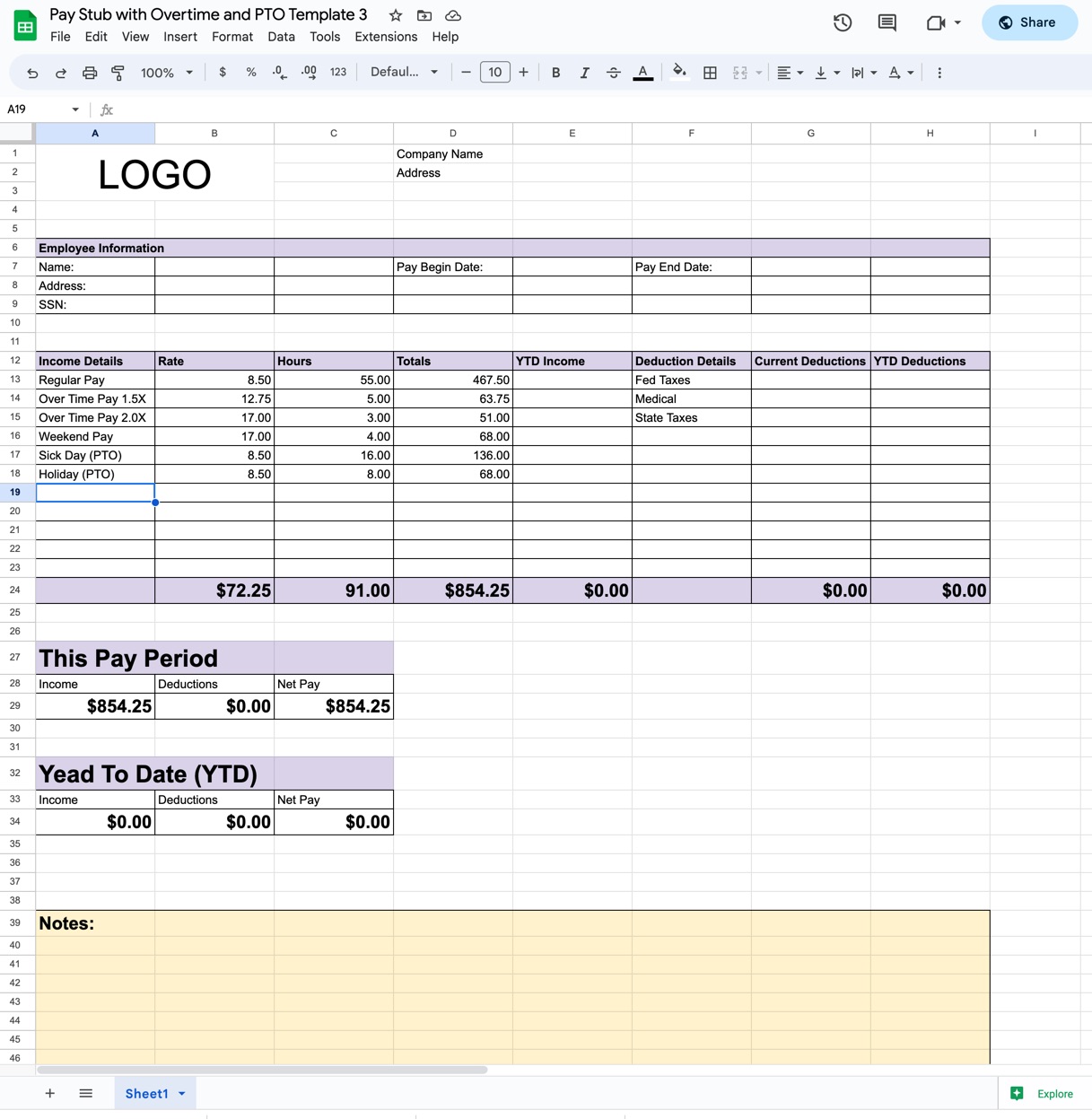 Pay stub template with overtime and PTO